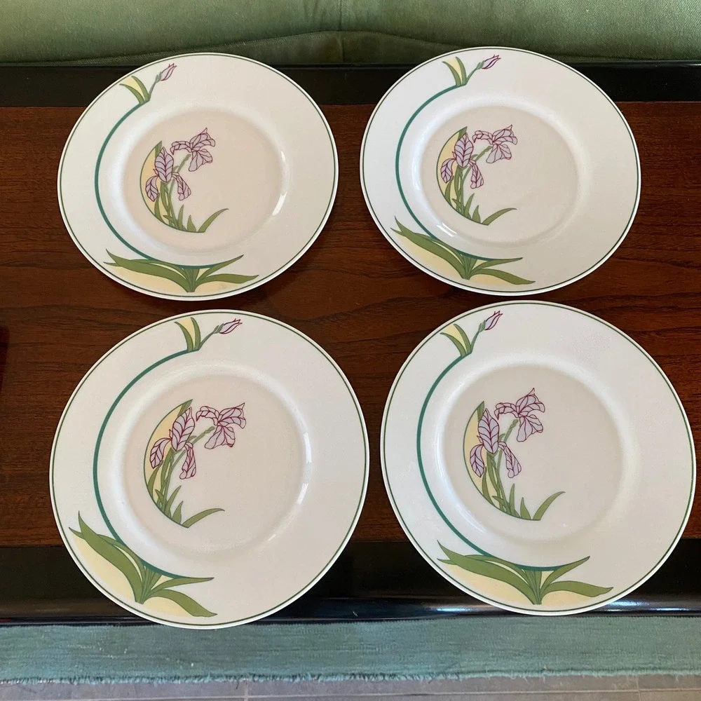 VTG Arcopal France Ingenue Salad Plates Set of 4 Purple Iris Green‎ Band 7.75